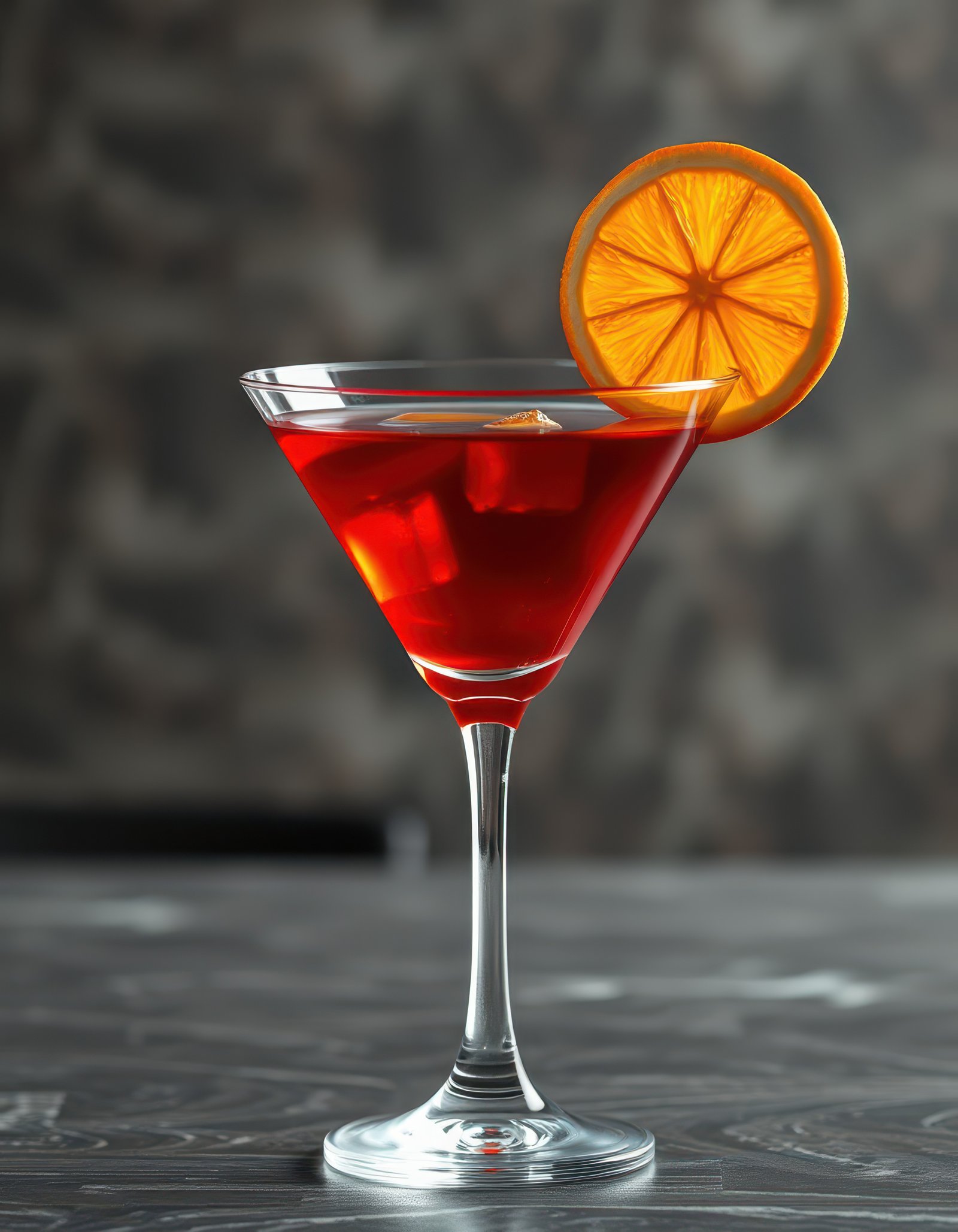 Refreshing cocktail garnished with orange slice served in an elegant glass on a stylish bar counter